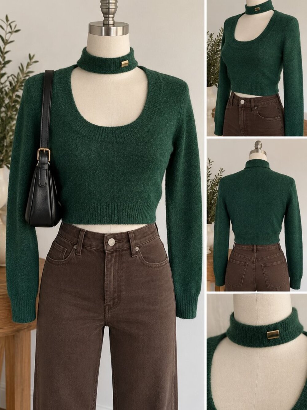 Zara Green Wool Blend Choker Sweater Size Small Cropped Knit Long Sleeve